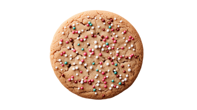 Cookie with colorful sprinkles, top view on a white isolated background.