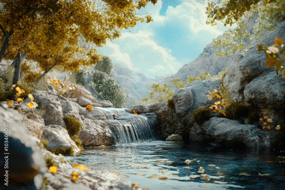 Poster a small waterfall surrounded by lush greenery and dense trees in a forest