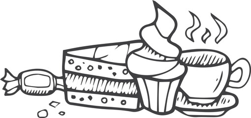 Tea and sweets doodle. Cafe pastry and hot cup