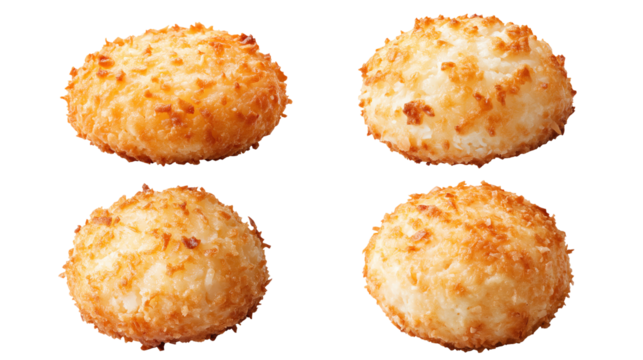 Crispy coconut macaroons, golden brown, white isolate background