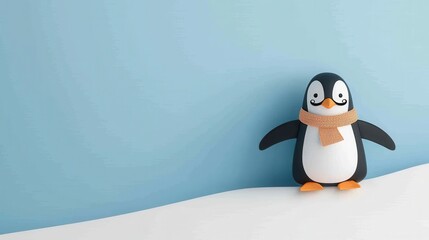 Obraz premium A cute penguin figurine with a scarf stands against a light blue background evoking a playful and cheerful atmosphere