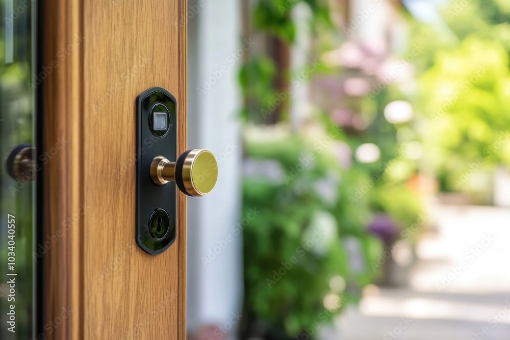 Poster a close-up shot of a wooden door handle, ideal for use in interior design or architecture contexts