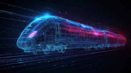 Futuristic digital train design with neon lights and dynamic motion effects, symbolizing advanced transportation technology.