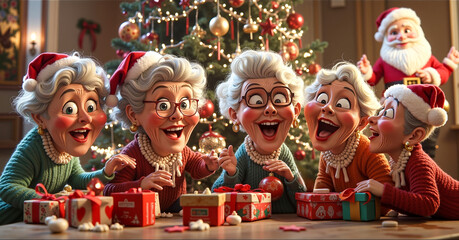 A group of older women sitting around a table with presents