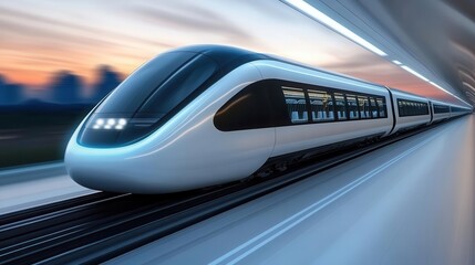 Fototapeta premium Futuristic high-speed train speeding through a modern railway tunnel at dusk, showcasing advanced design and technology.