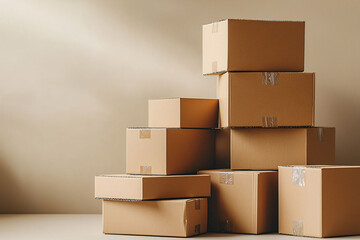 Stacked cardboard boxes create organized and minimalist aesthetic against neutral background, perfect for storage or moving purposes