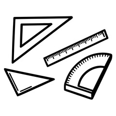 A drawing of a ruler, a square, and a triangle. The ruler is on the right side of the drawing