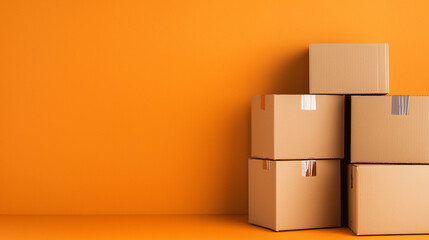 Obraz premium Stacked cardboard boxes create minimalist aesthetic against vibrant orange wall, perfect for storage or moving. arrangement showcases simplicity and functionality