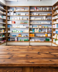 Fototapeta premium Pharmacy darkness brown wood table counter with medicines healthcare product arranged on shelves in drugstore blurred defocused background, pharmacist in pharmacy,