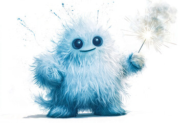 Fototapeta premium A fluffy, friendly yeti monster, holding a sparkling firework.