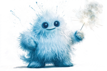A fluffy, friendly yeti monster, holding a sparkling firework.