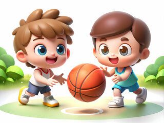 Two Enthusiastic Kids Playing Basketball in an Outdoor Park - Highlighting Coordination and Competitive Spirit in a Lively Setting with Glossy Background and Copy Space
