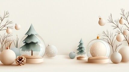 Obraz premium Simple watercolor snow globes with Christmas trees, minimal detail, muted tones, set on a light beige background, seamless pattern