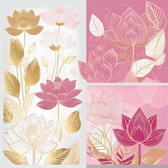 Collection of vector backgrounds showcasing hand-drawn silhouettes of lotus flowers and leaves in pink and gold.