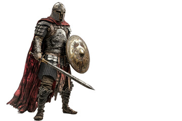 Naklejka premium A full-body of a Byzantine warrior in ornate armor, holding a sword and shield, on a white backdrop