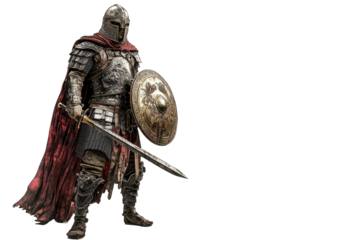 A full-body of a Byzantine warrior in ornate armor, holding a sword and shield, on a white backdrop