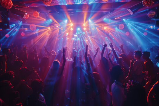 Crowd dancing under colorful lights at a lively party or concert