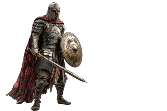 A full-body of a Byzantine warrior in ornate armor, holding a sword and shield, on a white backdrop