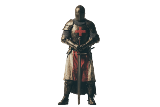 medieval European knight in full armor,  isolated on a white background