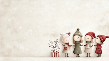 Watercolor Christmas carolers with simple outfits, in light red and green, set on a soft beige background, seamless design