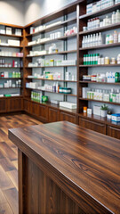 Pharmacy darkness brown wood table counter with medicines healthcare product arranged on shelves in drugstore blurred defocused background, pharmacist in pharmacy,