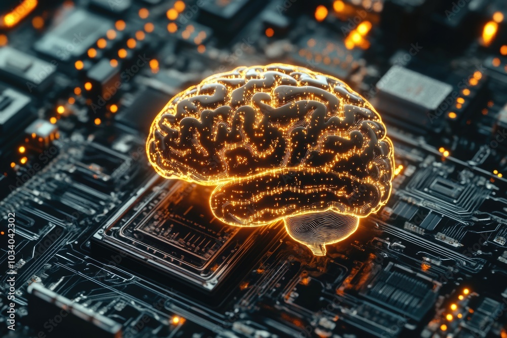 Poster A futuristic computer motherboard with a glowing brain component, suitable for technology and innovation concepts