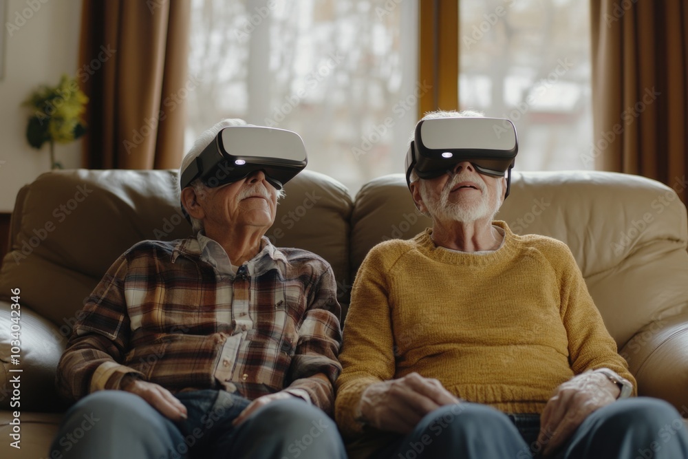 Poster a couple relaxing together while using vr headsets, perfect for tech-related or futuristic concept i