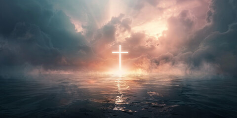 Ocean sunrise with glowing cross in the sky, concept of peace and hope, background