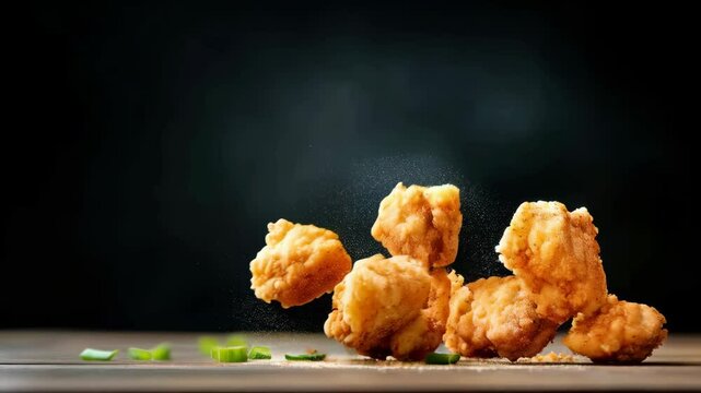 Crispy fried chicken pieces falling on wooden surface, garnished with green onions, create delicious and savory snack appetizer that is perfect for food lovers.