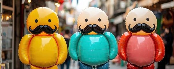 Obraz premium Colorful balloon figures with mustaches stand cheerfully in a vibrant market setting showcasing a playful and festive atmosphere