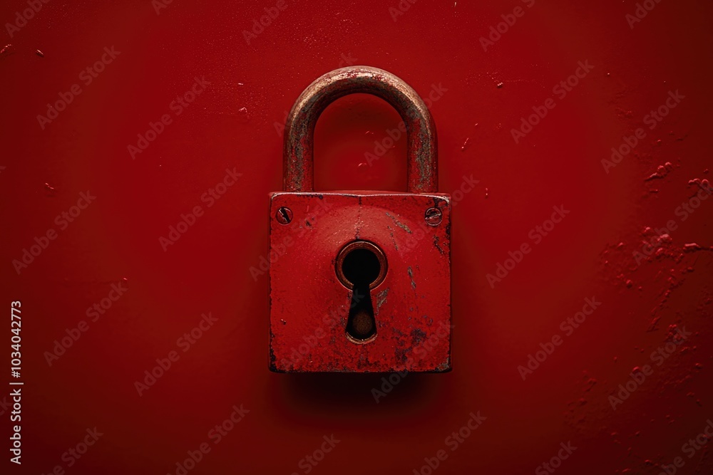 Poster a close-up of a red padlock attached to a red brick or concrete wall, often used as a symbol for sec