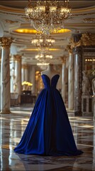 Naklejka premium Royal blue ball gown on mannequin in opulent ballroom with chandeliers, luxurious formal wear for galas and special events, classic design with a touch of elegance and sophistication