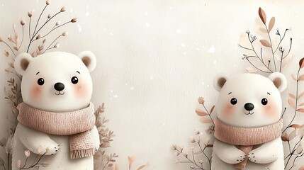 Watercolor polar bears wearing simple scarves, soft pastel tones, floating on a light background, minimalist and seamless