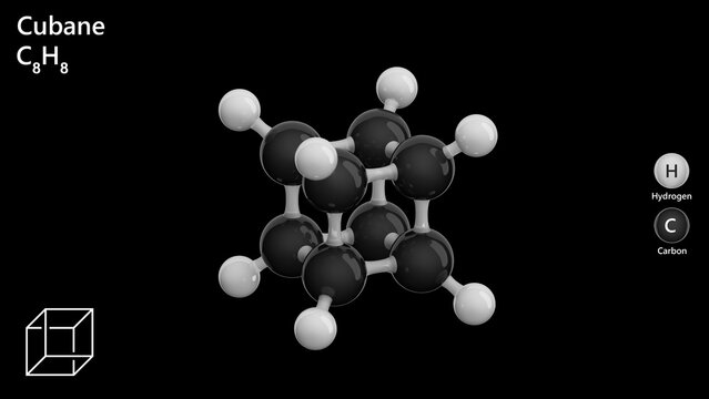 Molecule of Cubane, is a unique hydrocarbon with a cubic structure, featuring carbon atoms arranged at 90&deg; angles. Molecular formula: C8H8. Chemical model: Ball and Stick. Black back. 3d illustration
