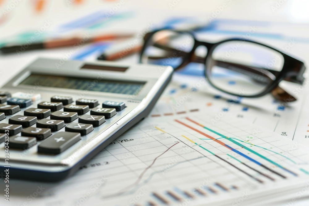 Poster a calculator placed next to a pair of glasses on a table, suitable for use in still life photography
