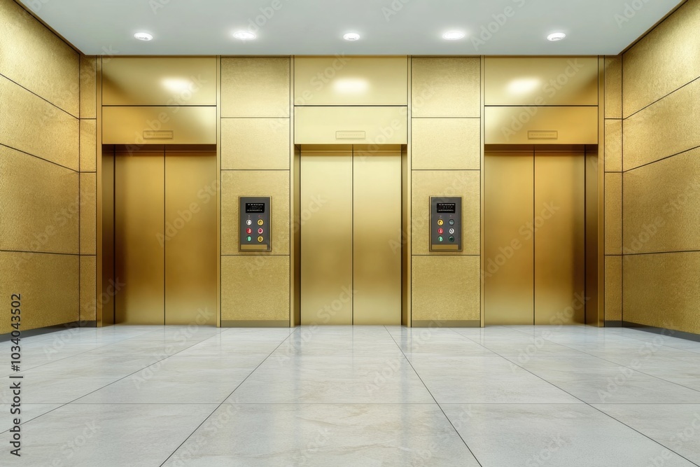 Poster two elevators in an empty office building with a tiled floor, suitable for commercial or industrial 