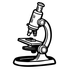 A black and white drawing of a microscope. The image is of a simple, classic design, with a focus on the instrument itself. Scene is one of scientific curiosity and exploration