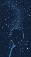 Fototapeta premium Child silhouette with stars in head, concept of imagination, dreams and universe, dark blue background