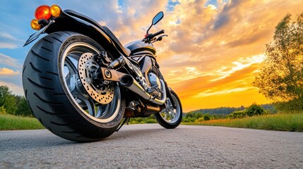 Obraz premium Sleek Motorcycle Thundering Down Scenic Sunset Highway
