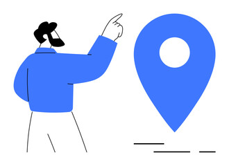 A bearded man points to a large blue map pin symbol. Ideal for navigation, location services, travel planning, business logistics, and geographic information systems. Simple vector style