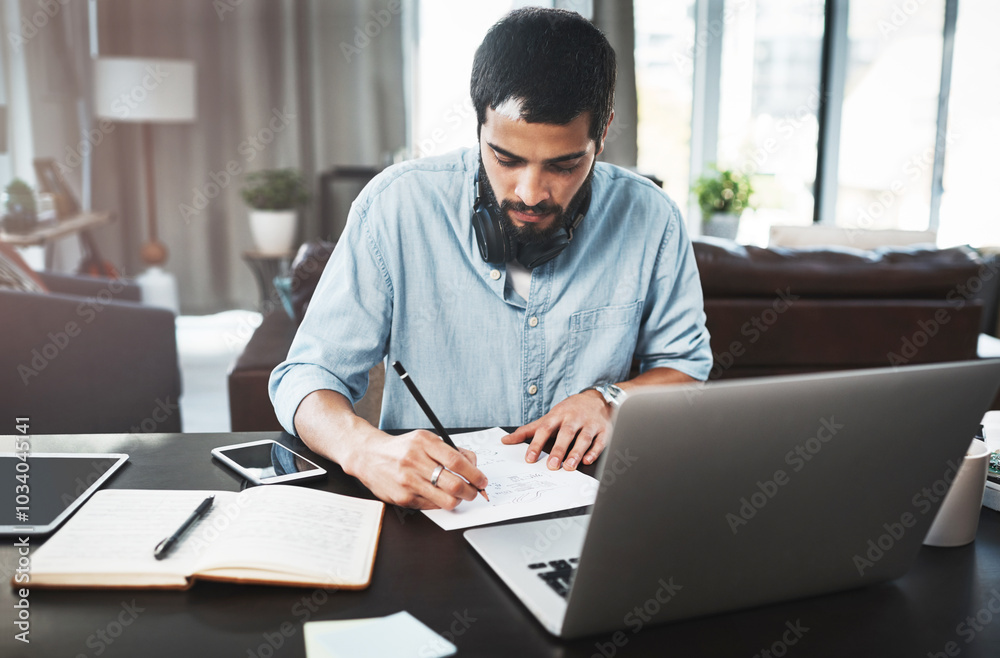 Poster business man, notebook and laptop for remote work, research and planning in home with brainstorming 