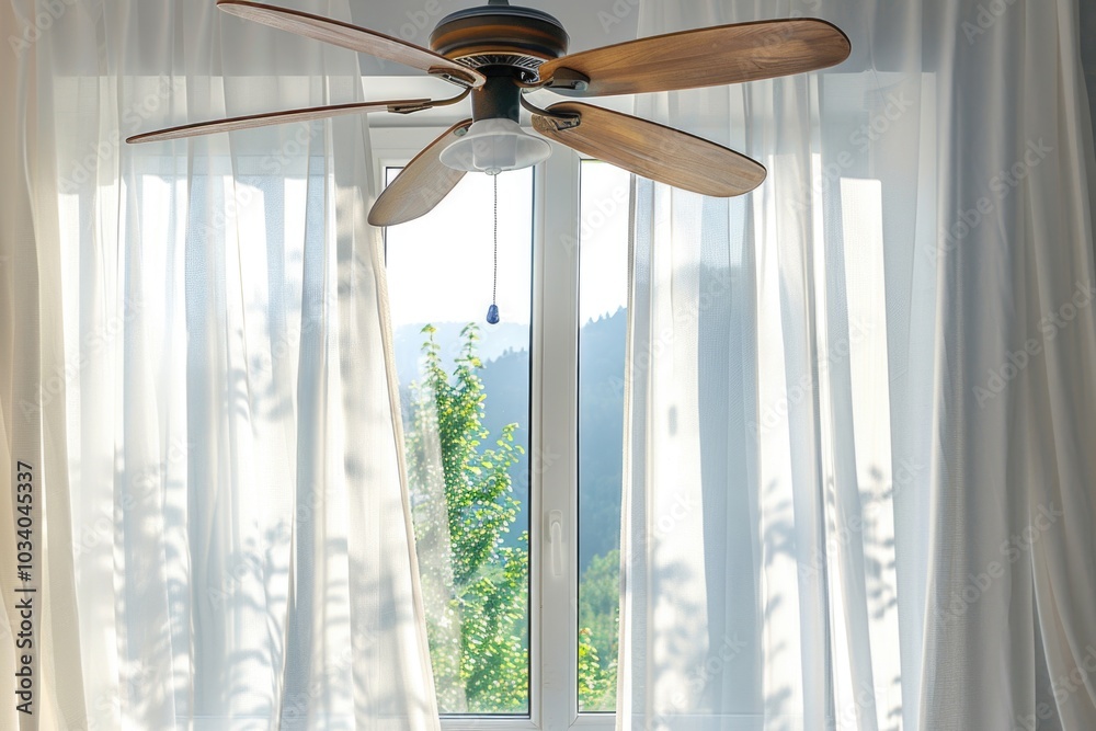 Poster a ceiling fan sitting in front of a window with natural light and blinds