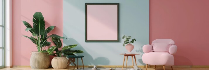 Pink living room with a plush armchair, potted plants and a framed picture