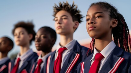 Group of diverse students in school uniforms stand in line, looking determined.