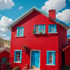 Small Red Houses Blue Window And Doors Putty In 3D, Background With Small White Clouds