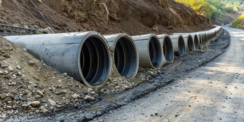 Concrete drainage pipes stacked by a roadside construction site.