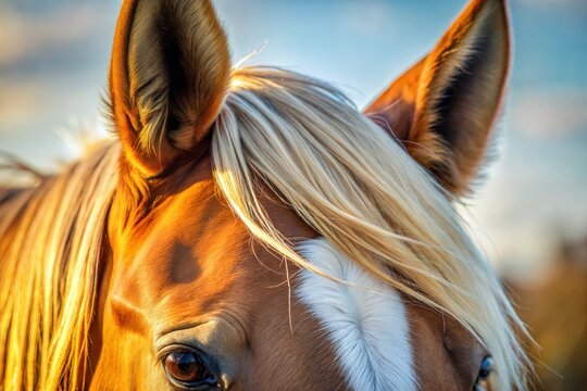 Close-up portrait of brown horse with blonde mane and white markings farm animal