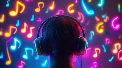 A person with headphones on in front of a wall of neon music notes.