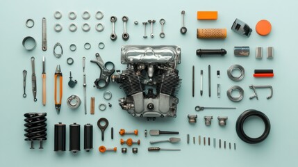 Automotive Repair Tools and Parts Organized on Turquoise Background