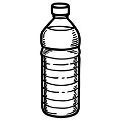 A bottle of water is drawn in black and white. The bottle is empty and has a clear cap. Concept of simplicity and minimalism